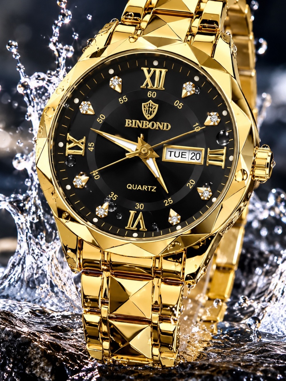 Men's Gold and Black Quartz Watch with Day-Date